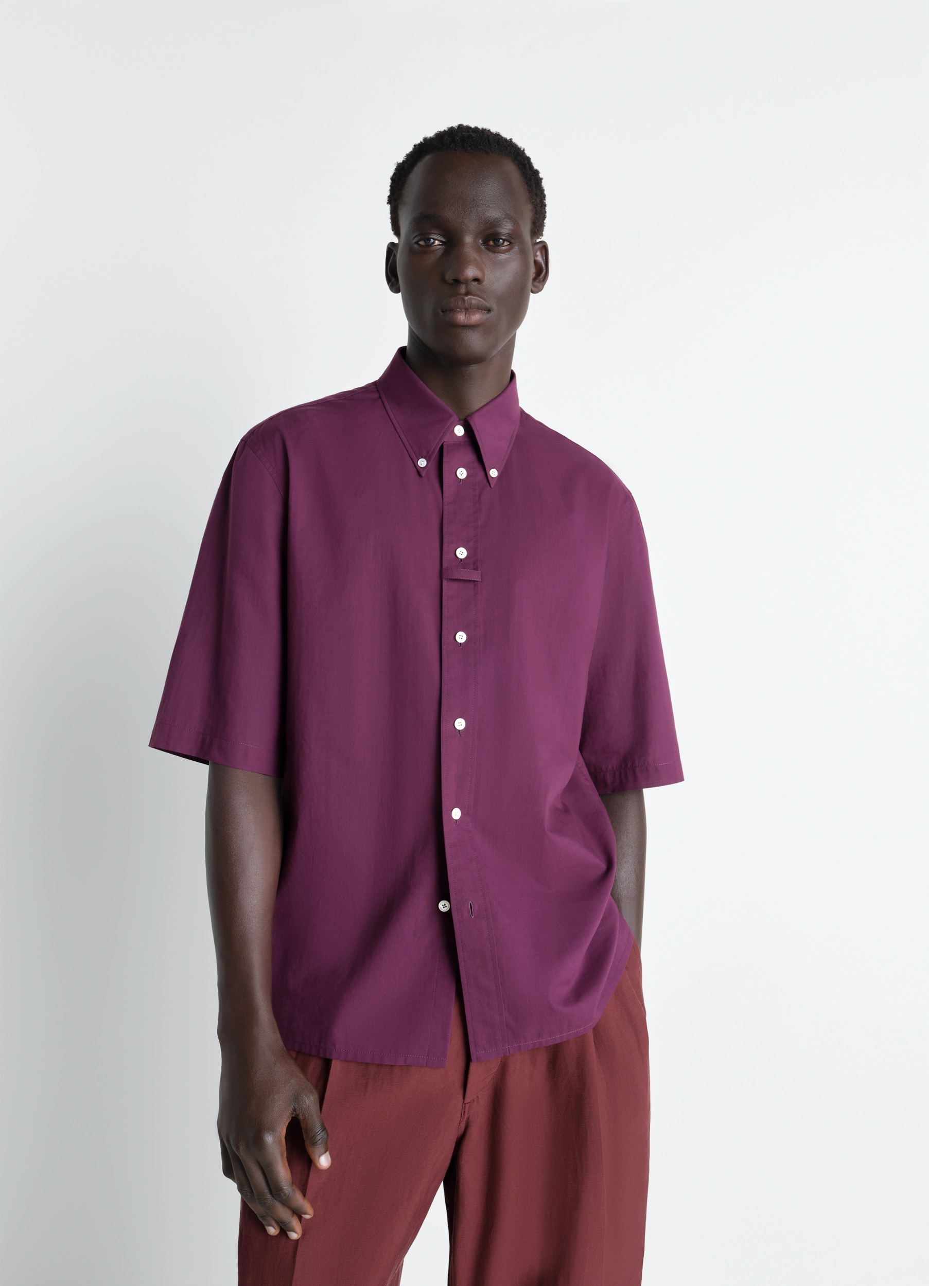 SHORT SLEEVE SHIRT IN WASHED COTTON MUSLIN - Grape - Washed Cotton