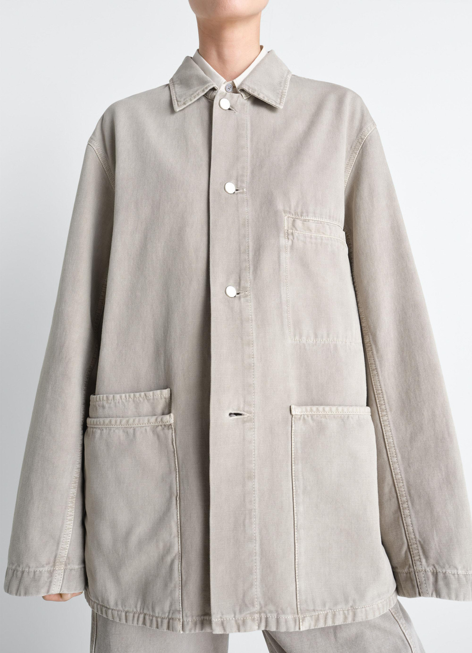 Utility overshirt in snow broken twill, model shot, close-up front full-length coverage