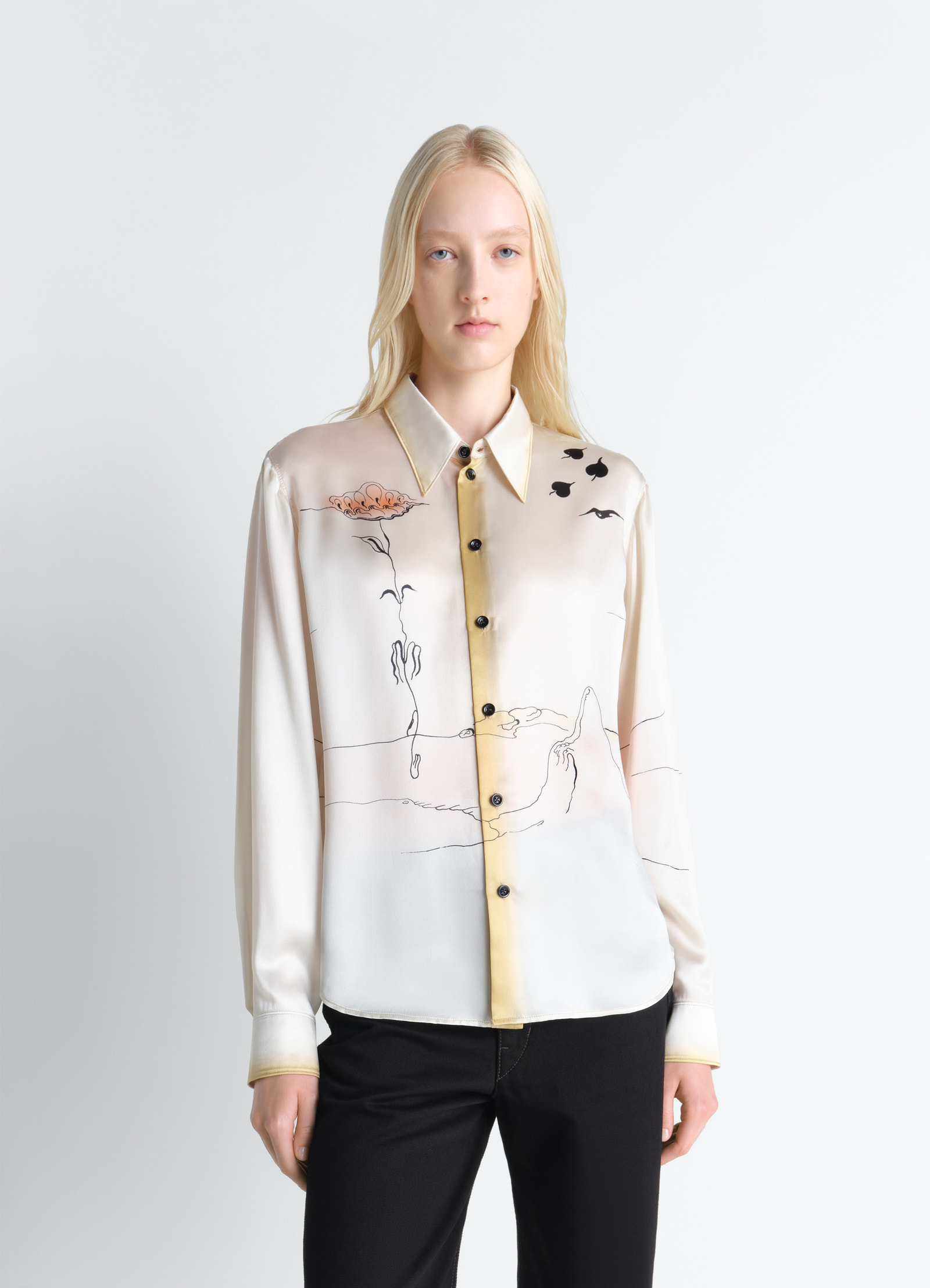 Pointed collar shirt in landscape printed silk