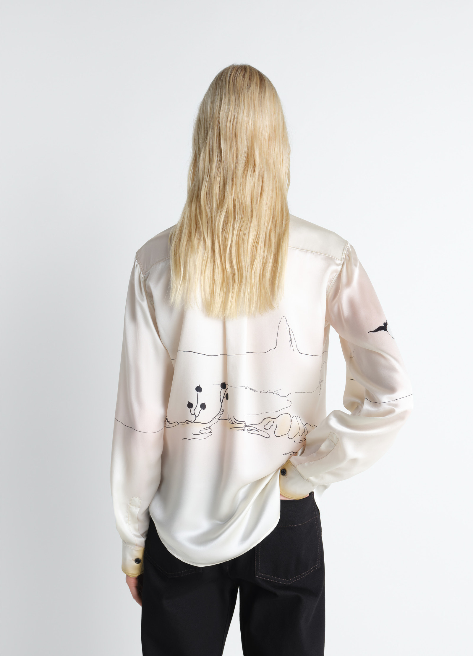 Pointed collar shirt in landscape printed silk
