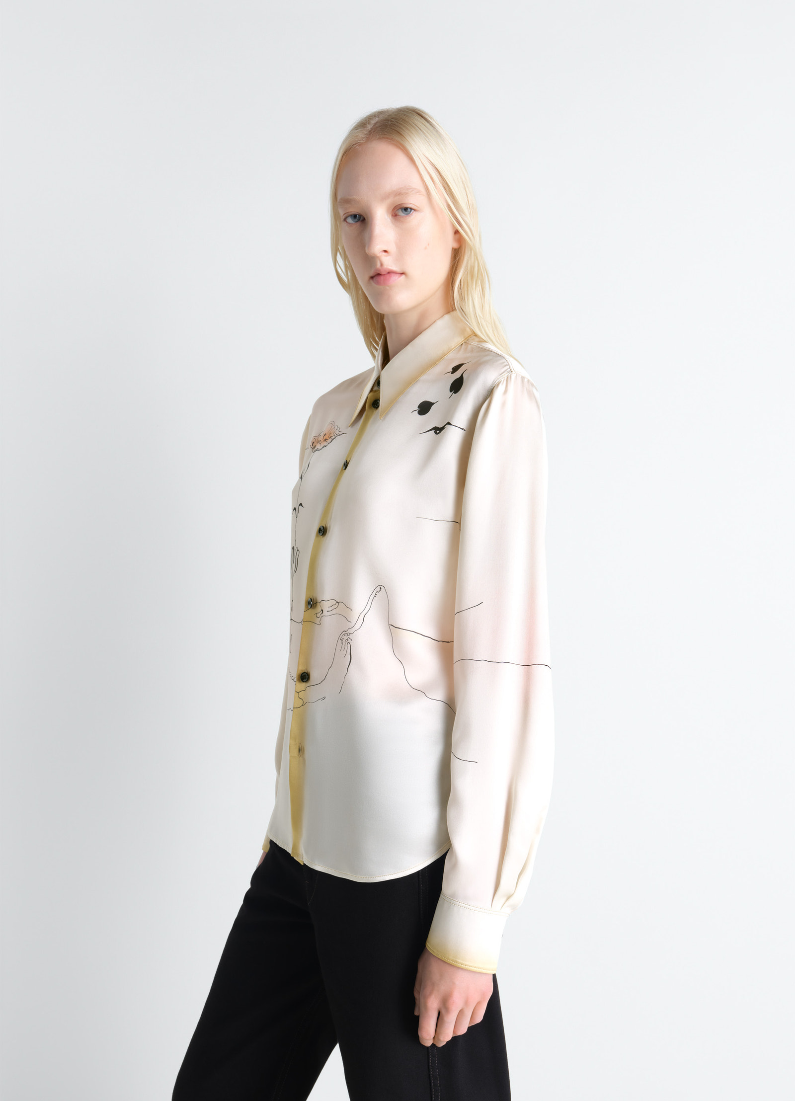 Pointed collar shirt in landscape printed silk