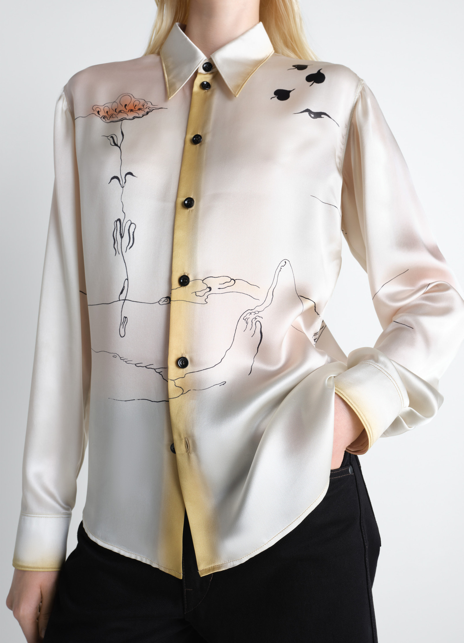 Pointed collar shirt in landscape printed silk