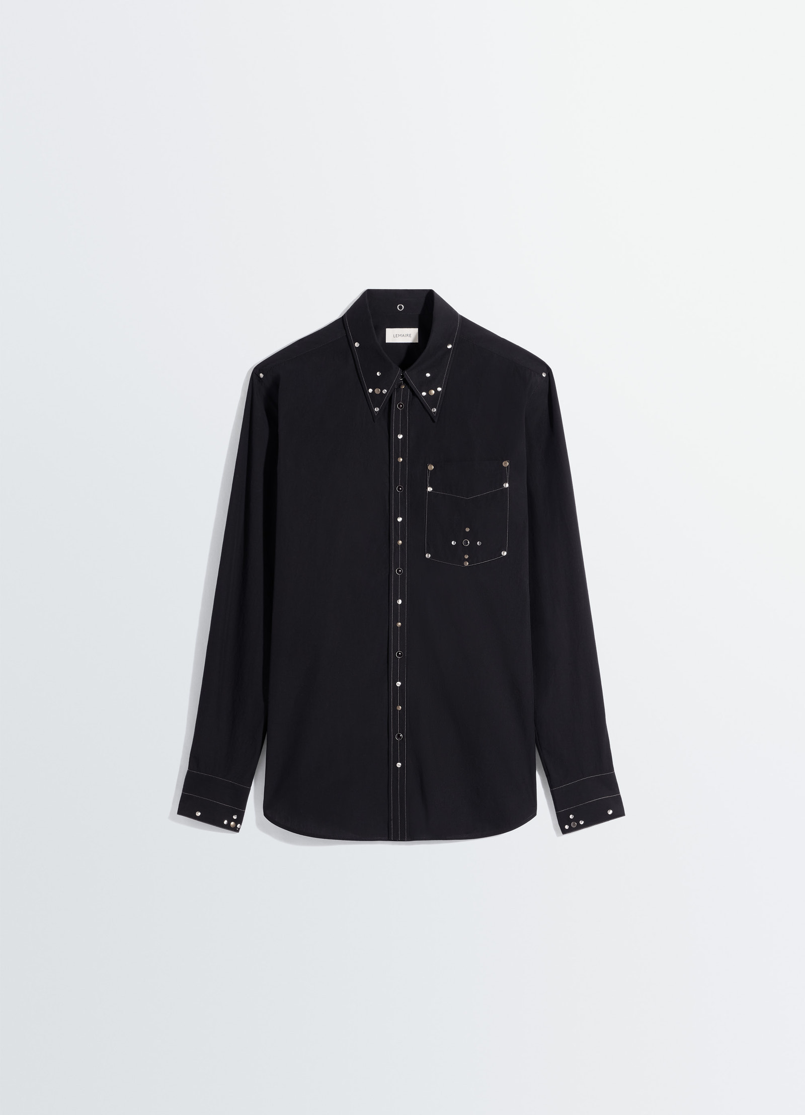 Fitted shirt with studs in black cotton crepe, product shot, hanging display view straight fit, chest pocket