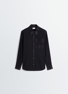 Fitted Shirt with Studs in Black Cotton Crepe, product shot, hanging display view straight fit, chest pocket
