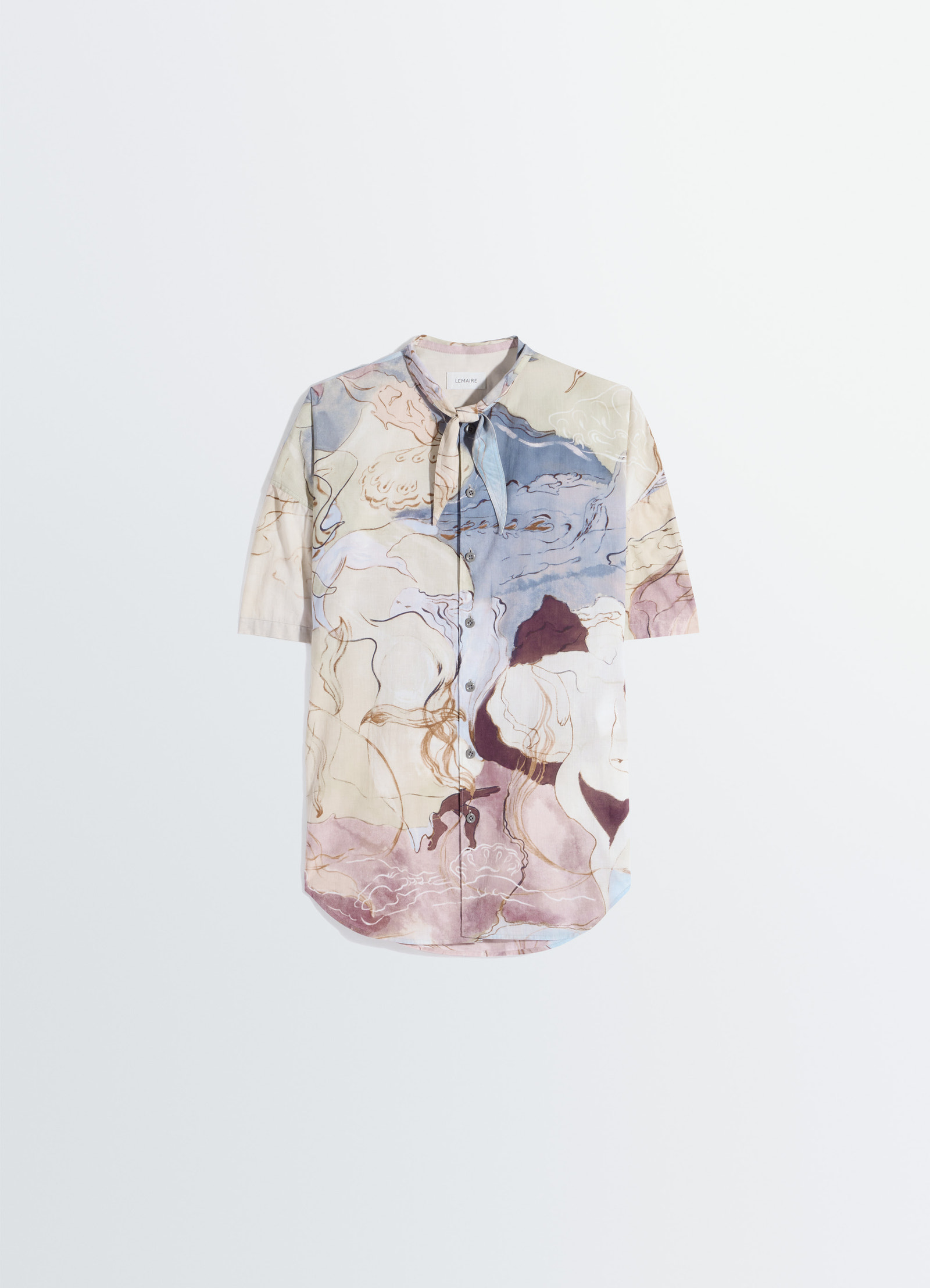 Short sleeve shirt with foulard in aquarel printed cotton, product shot, top angle view abstract print, scarf tie detail