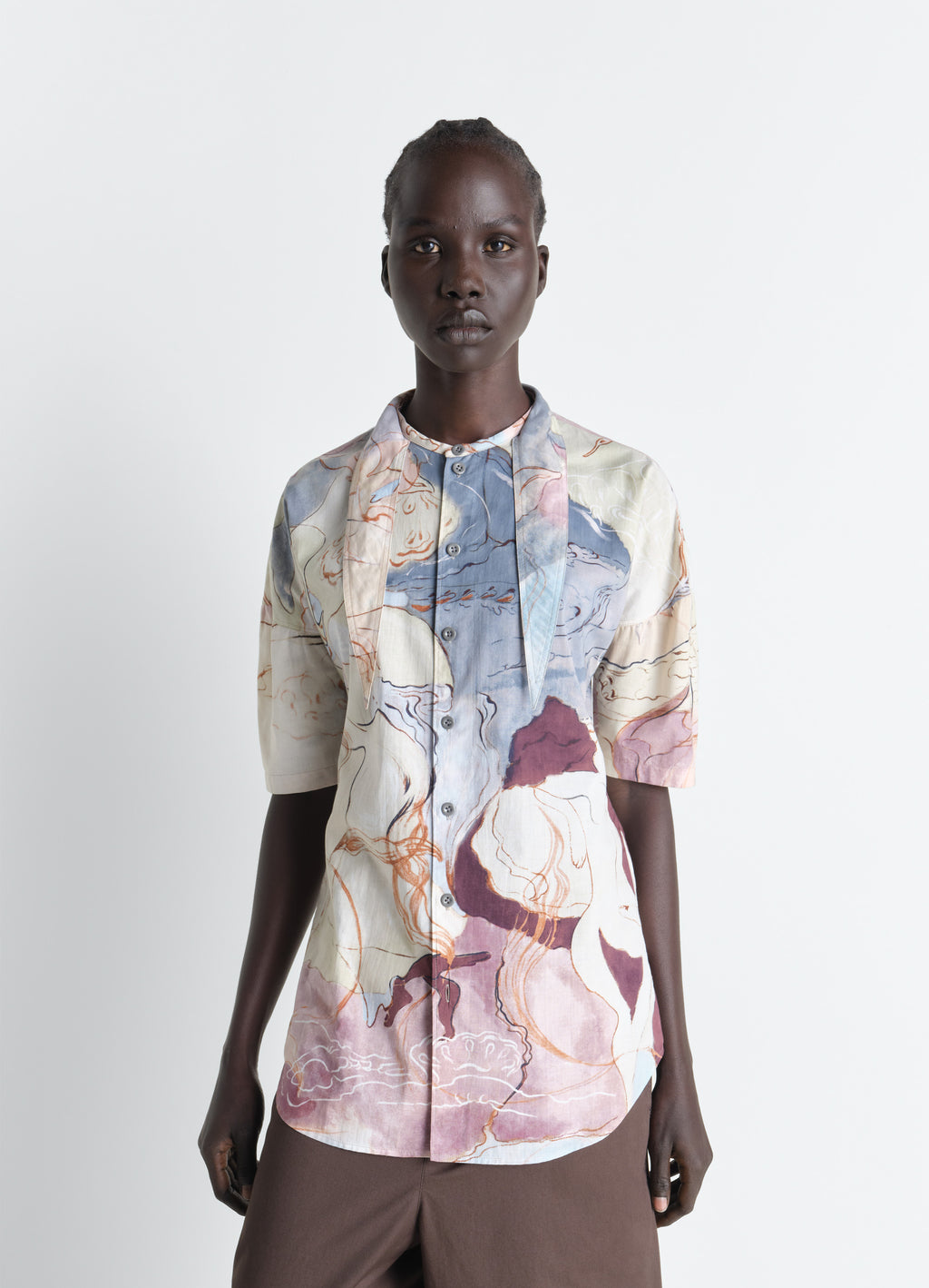 Short sleeve shirt with foulard in aquarel printed cotton