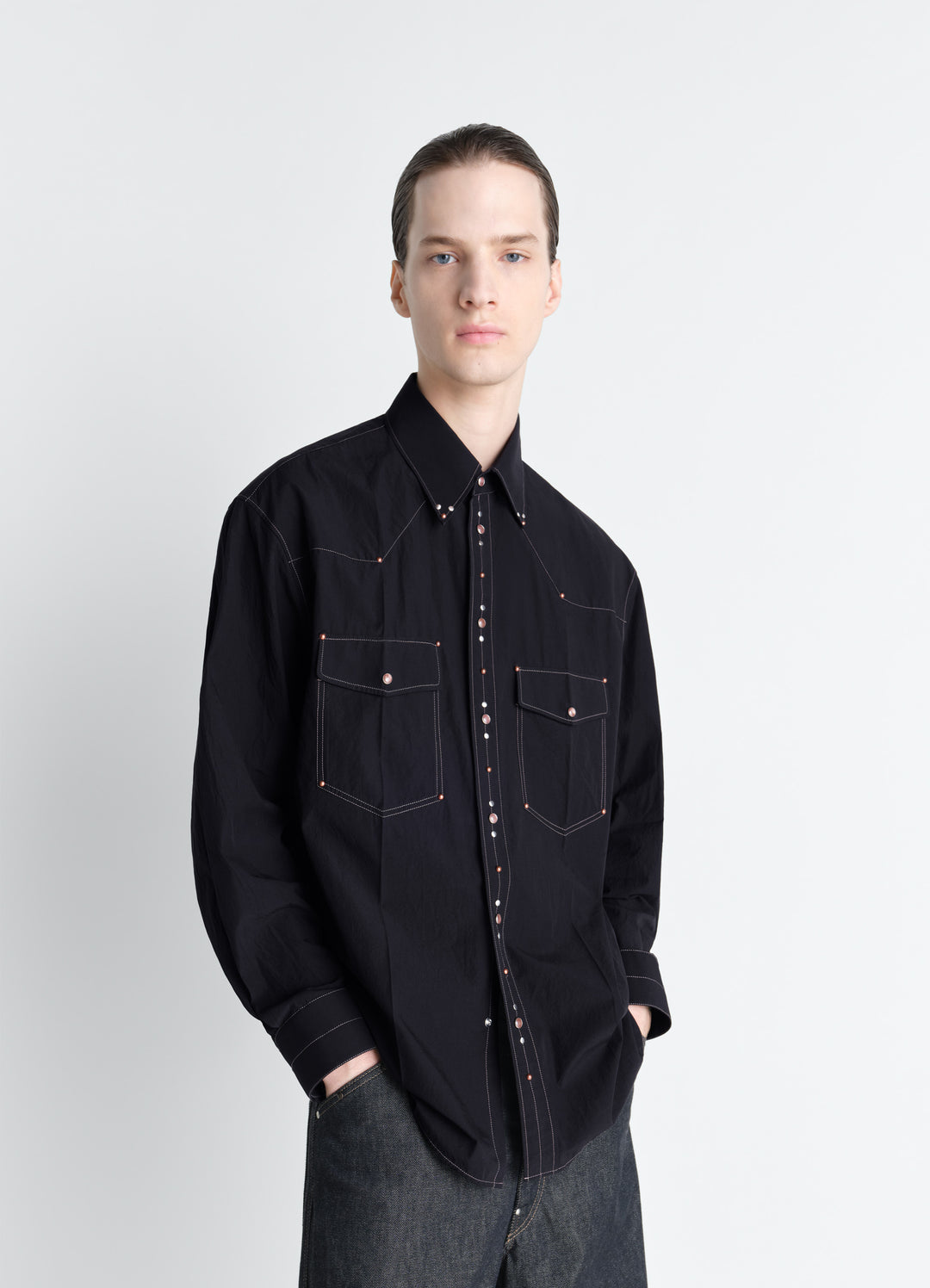 Shirt with Studs in Crepe Cotton in Crepe Cotton, model shot, Front view Embellished with rivets