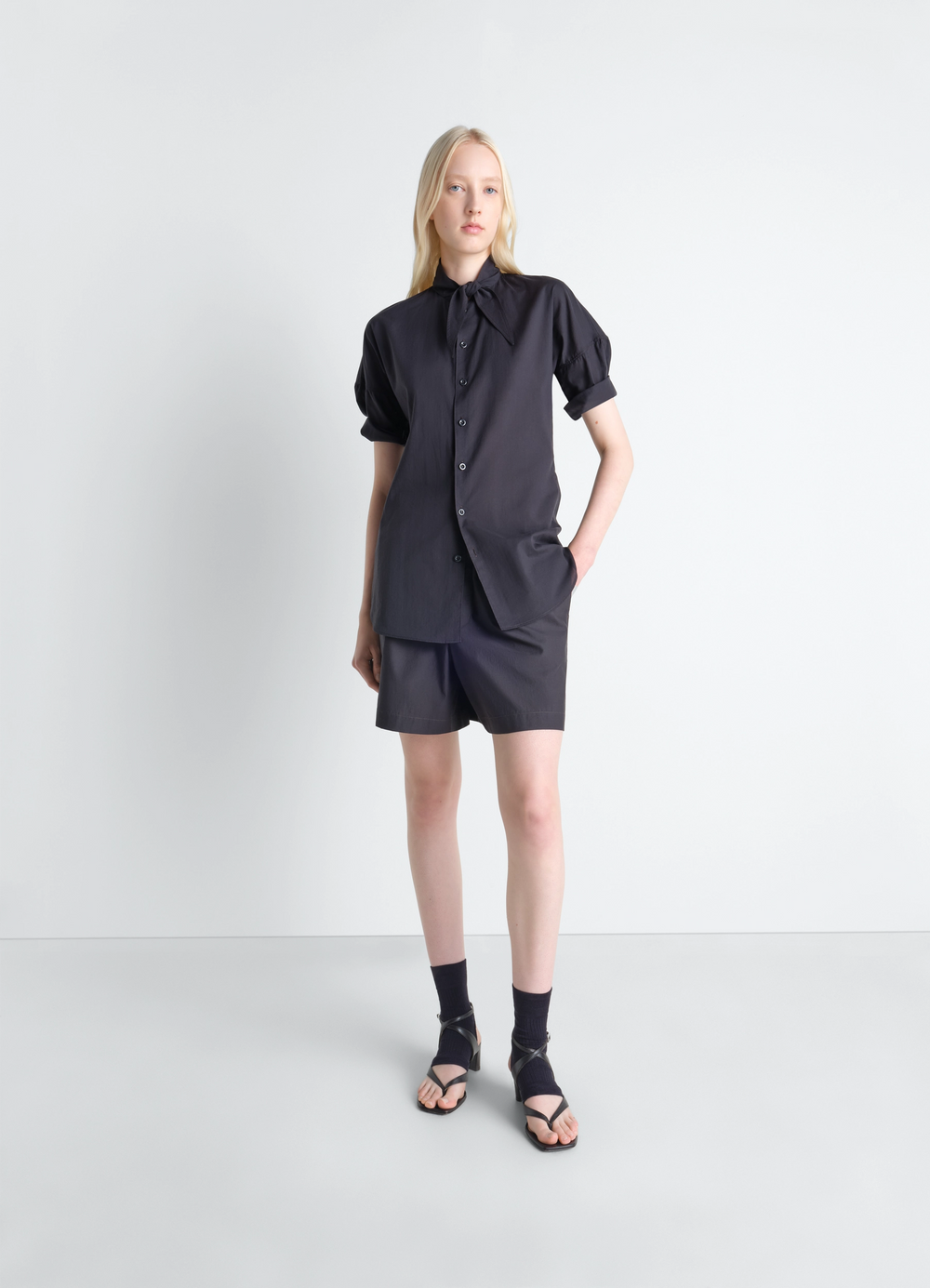 Short Sleeve Shirt with Foulard in Washed Cotton Muslin, model shot, three-quarter view puffed sleeves