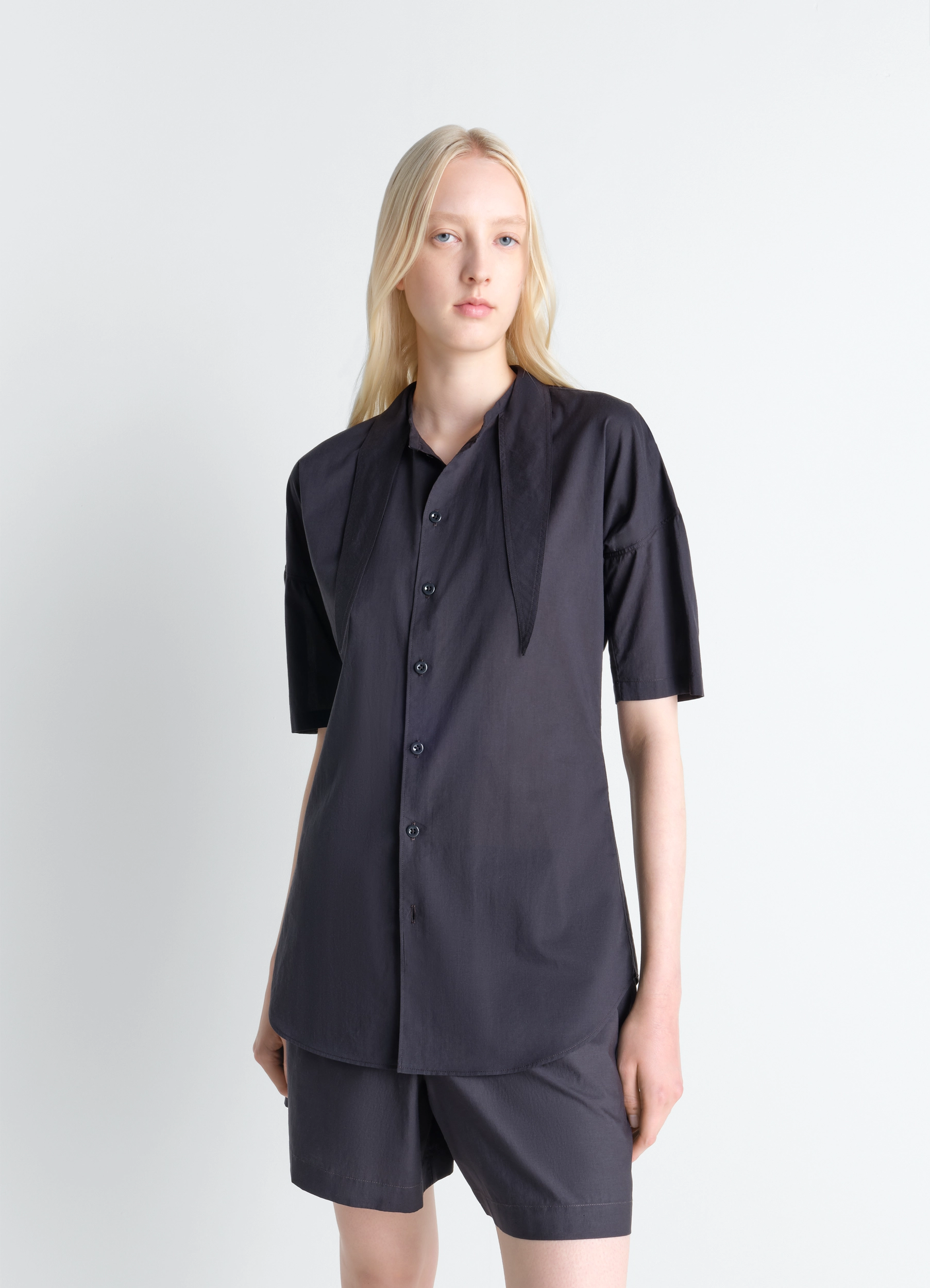 SHORT SLEEVE SHIRT WITH FOULARD IN WASHED COTTON MUSLIN