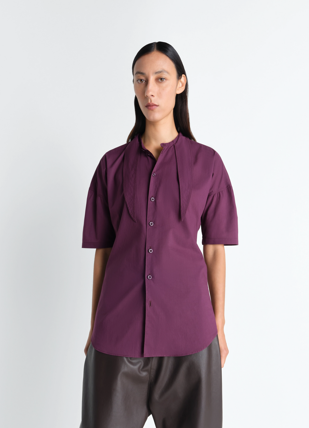 SHORT SLEEVE SHIRT WITH FOULARD IN WASHED COTTON MUSLIN - Grape