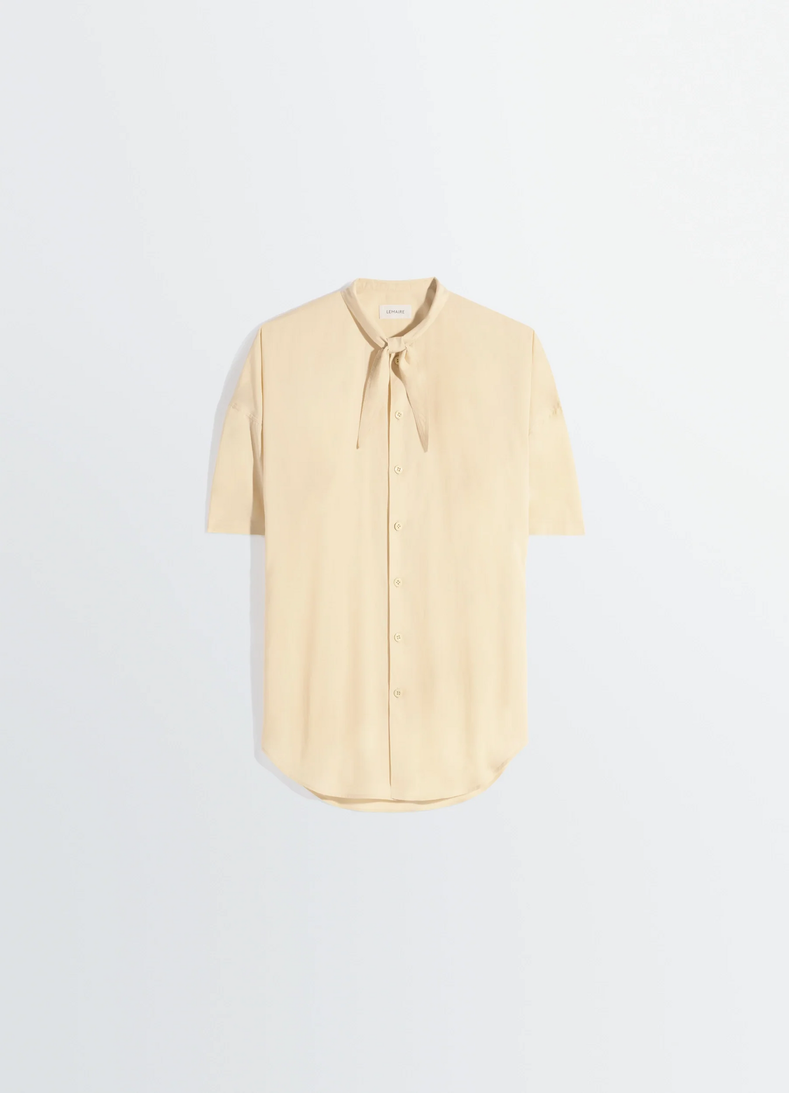 Short sleeve shirt with foulard in washed cotton muslin, product shot, back view hanging tied scarf button-up view 5