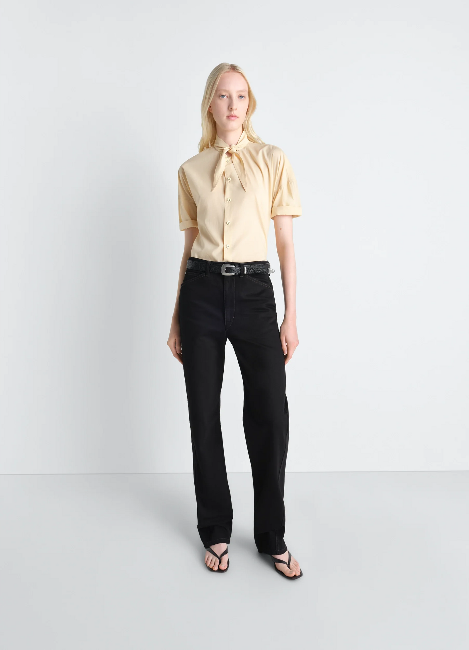 Short sleeve shirt with foulard in washed cotton muslin, model shot, full body angled view short sleeves cuffed