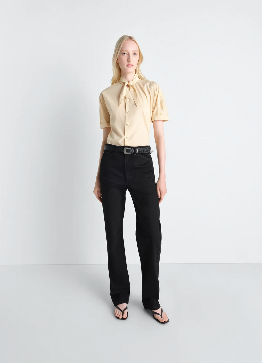 Short Sleeve Shirt with Foulard in Washed Cotton Muslin, model shot, full body angled view short sleeves cuffed