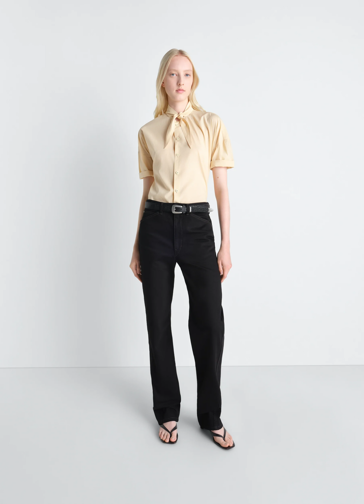 SHORT SLEEVE SHIRT WITH FOULARD IN WASHED COTTON MUSLIN - Ice