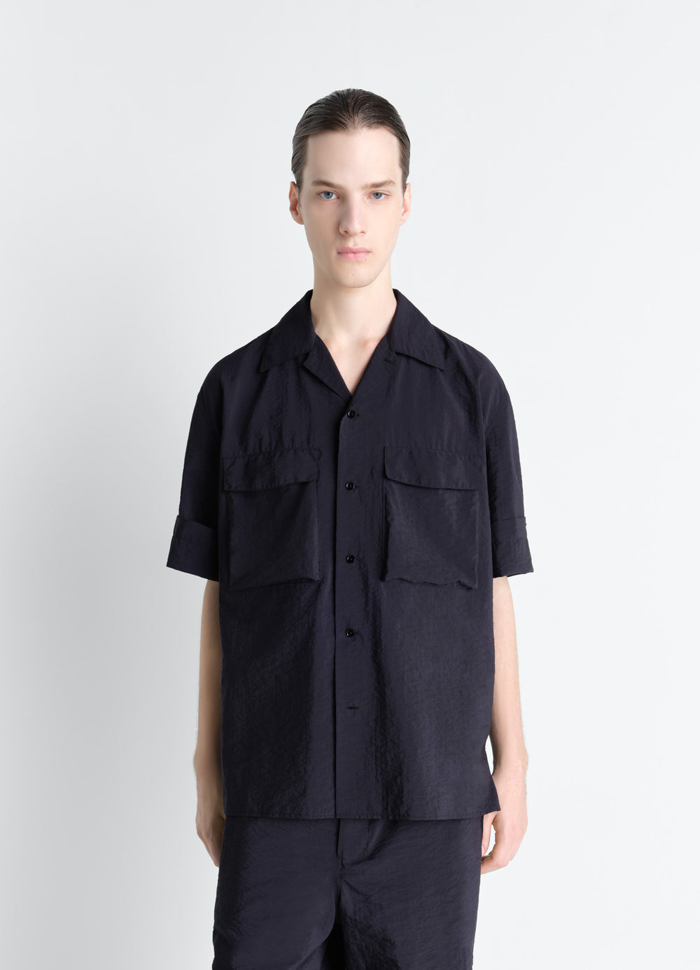 Short Sleeve Utility Shirt in Washed Technical Cotton, model shot, Front view Flap patch pockets