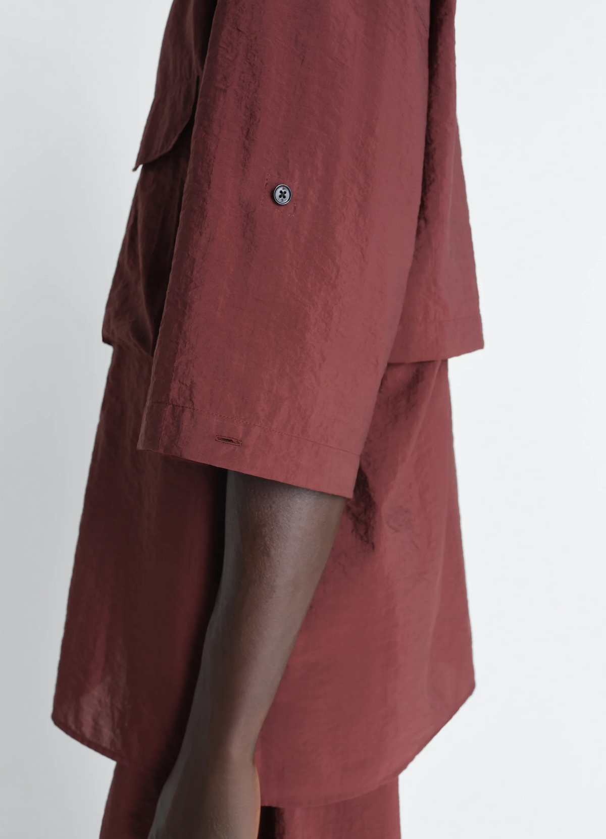 Short Sleeve Utility Shirt in Washed Technical Cotton, model shot, Front view Flap patch pockets