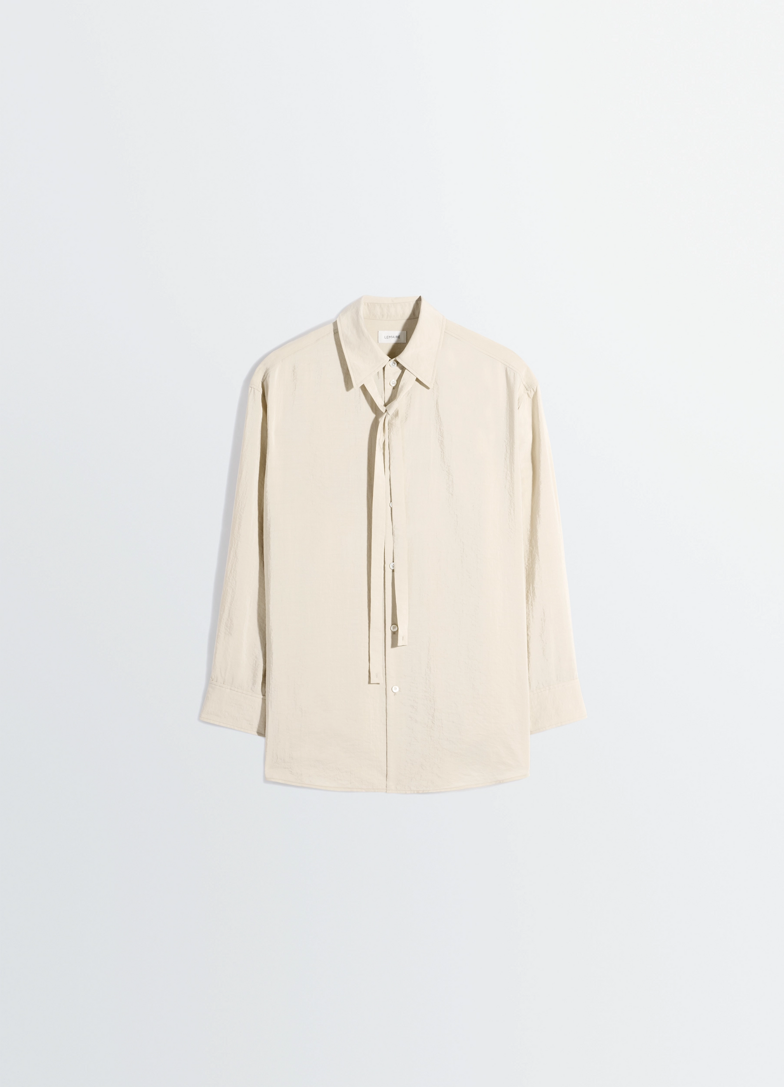 Lemaire long shirt with tie in dry silk, product shot, flat lay view straight hemline