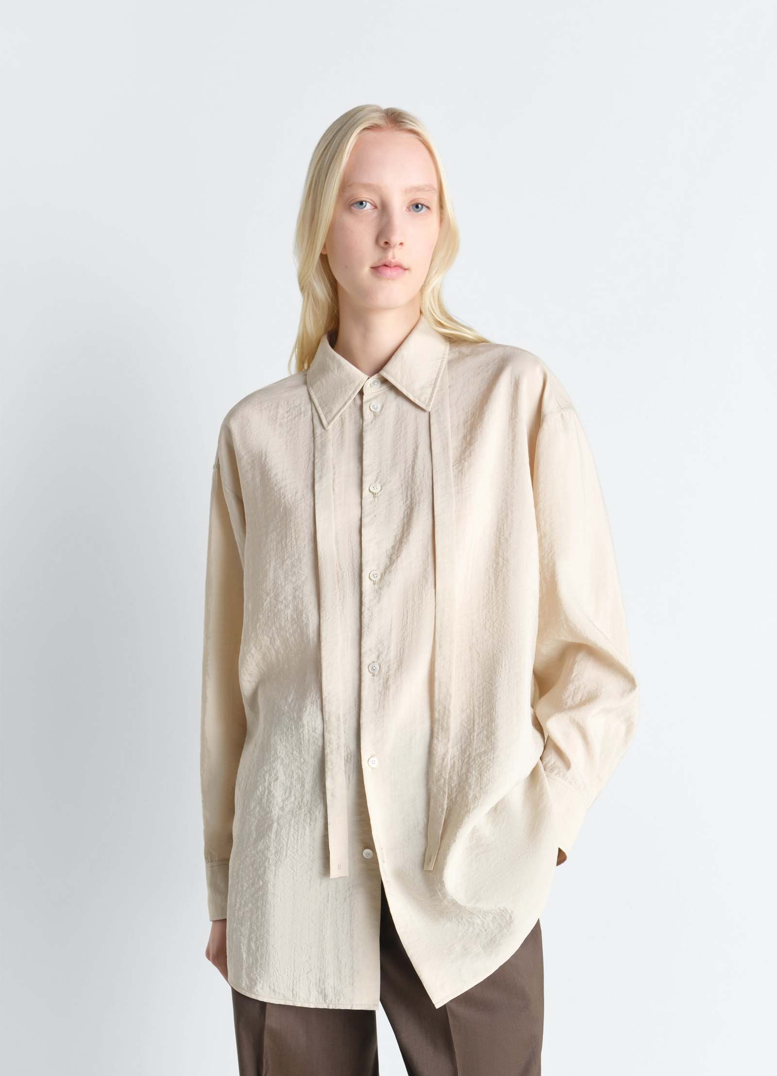 Lemaire long shirt with tie in dry silk, model shot, front view oversized, necktie style