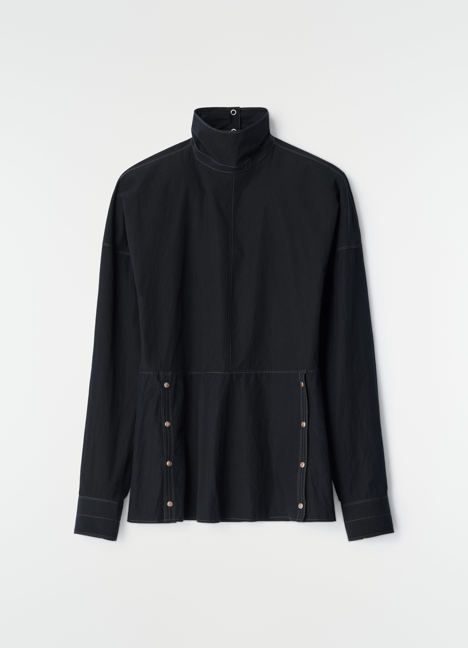 Black cotton crepe press-stud bib top by lemaire with high collar and contrast stitching flat lay