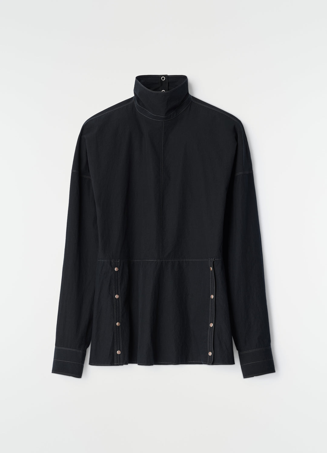 Black cotton crepe press-stud bib top by LEMAIRE with high collar and contrast stitching flat lay, primary product shot