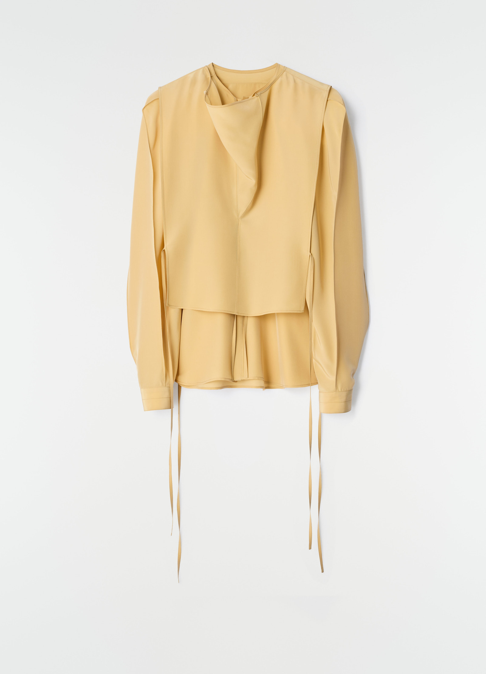 Layered silk and viscose cloth blouse in beige with long sleeves and tie details, front view, lemaire, plain white background