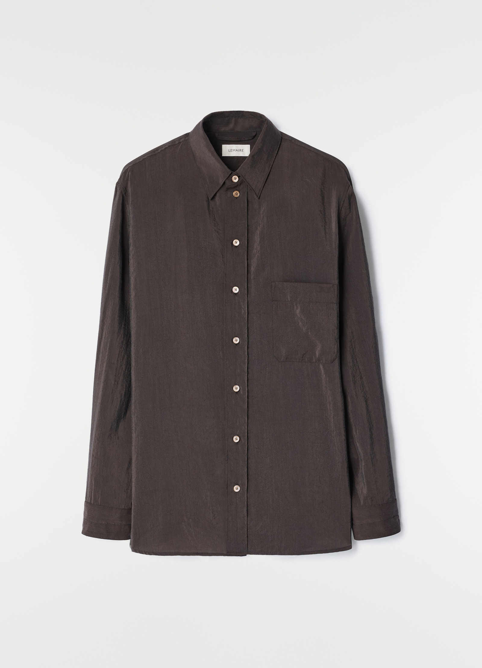 Straight shirt in dark brown dry silk with front pocket by lemaire plain white background
