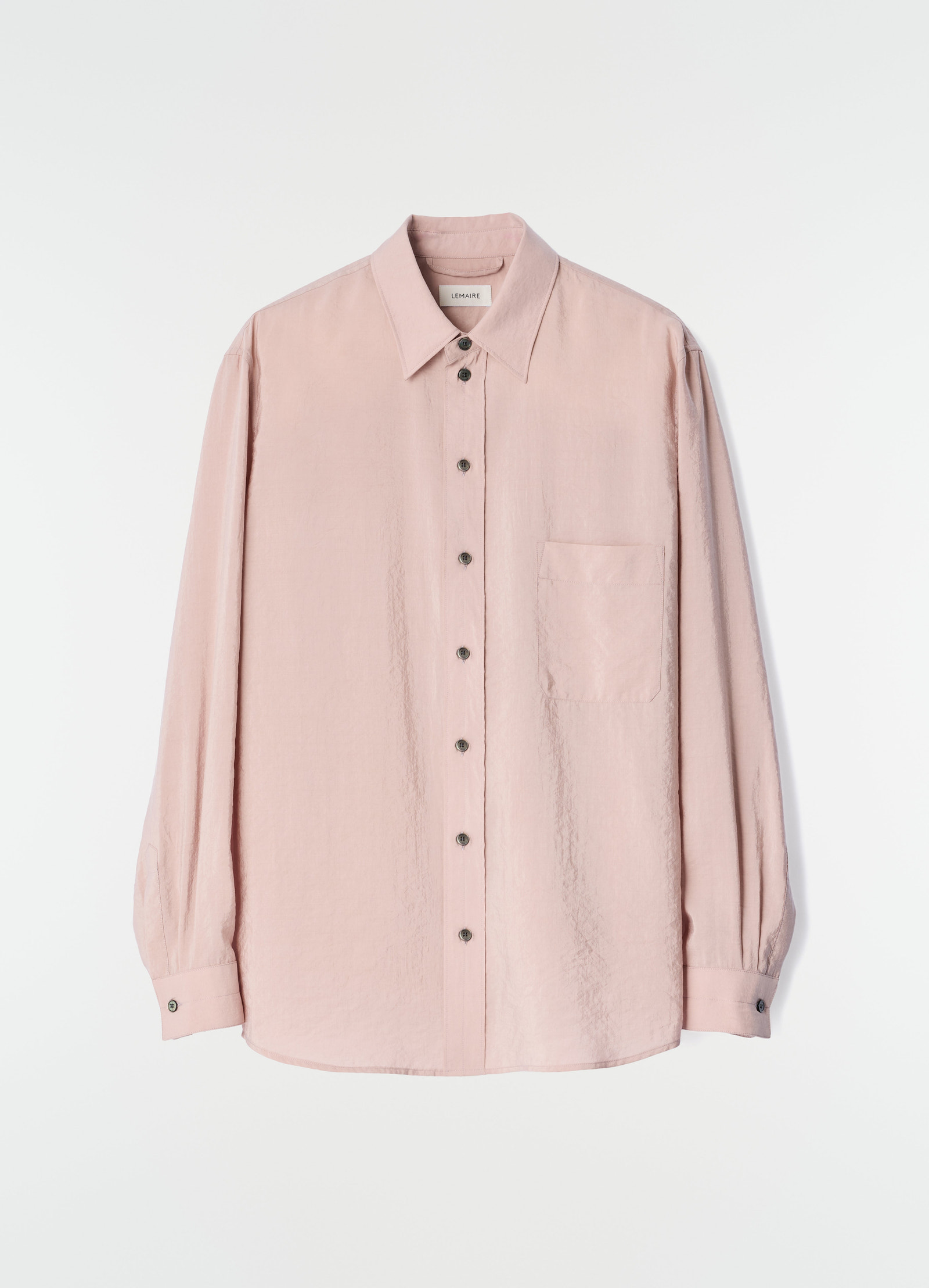 Straight shirt in dusty pink dry silk with chest pocket lemaire flat lay front view on white background