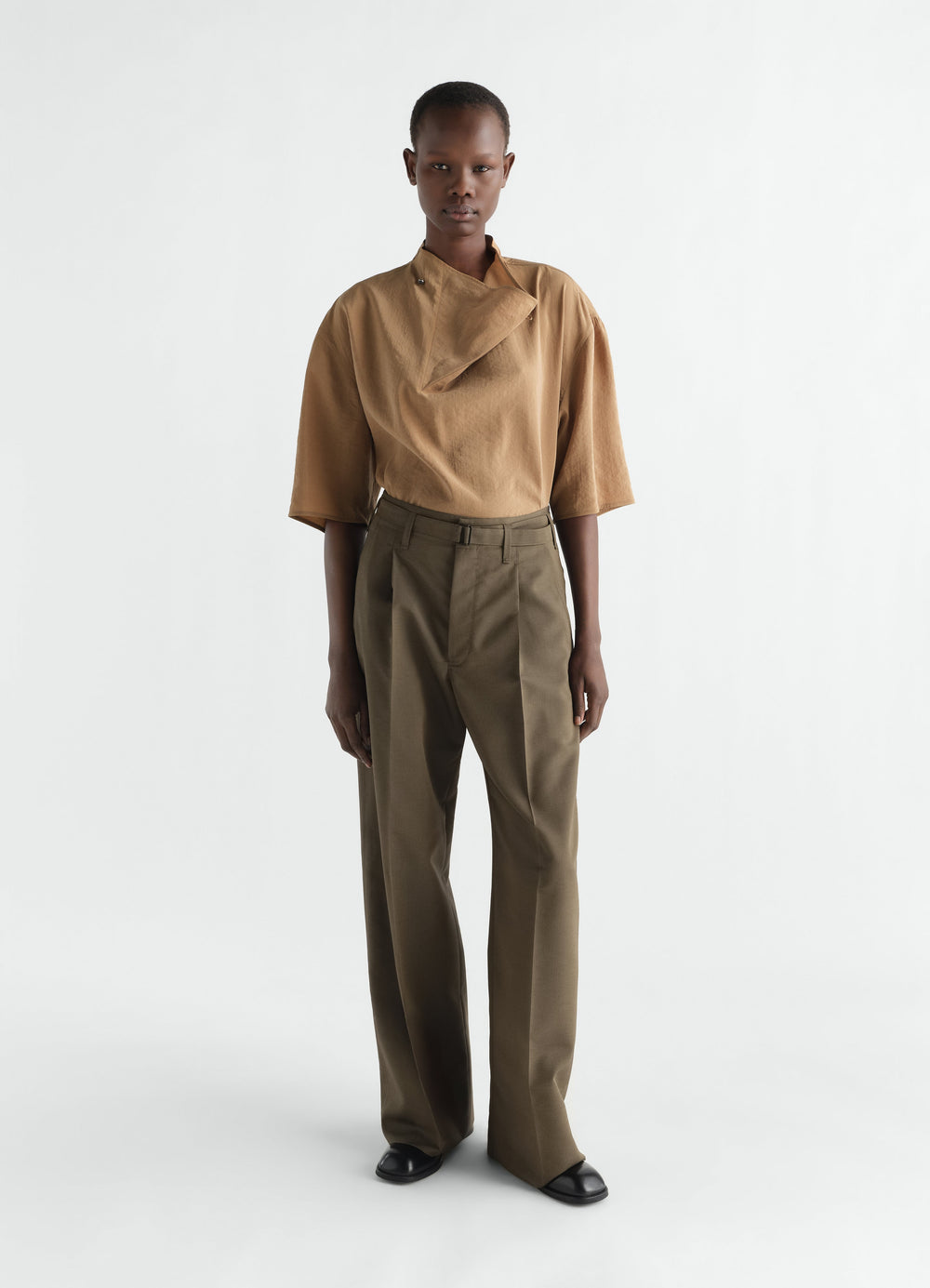 Soft Collar Top in camel dry silk with half sleeves worn by model LEMAIRE front view