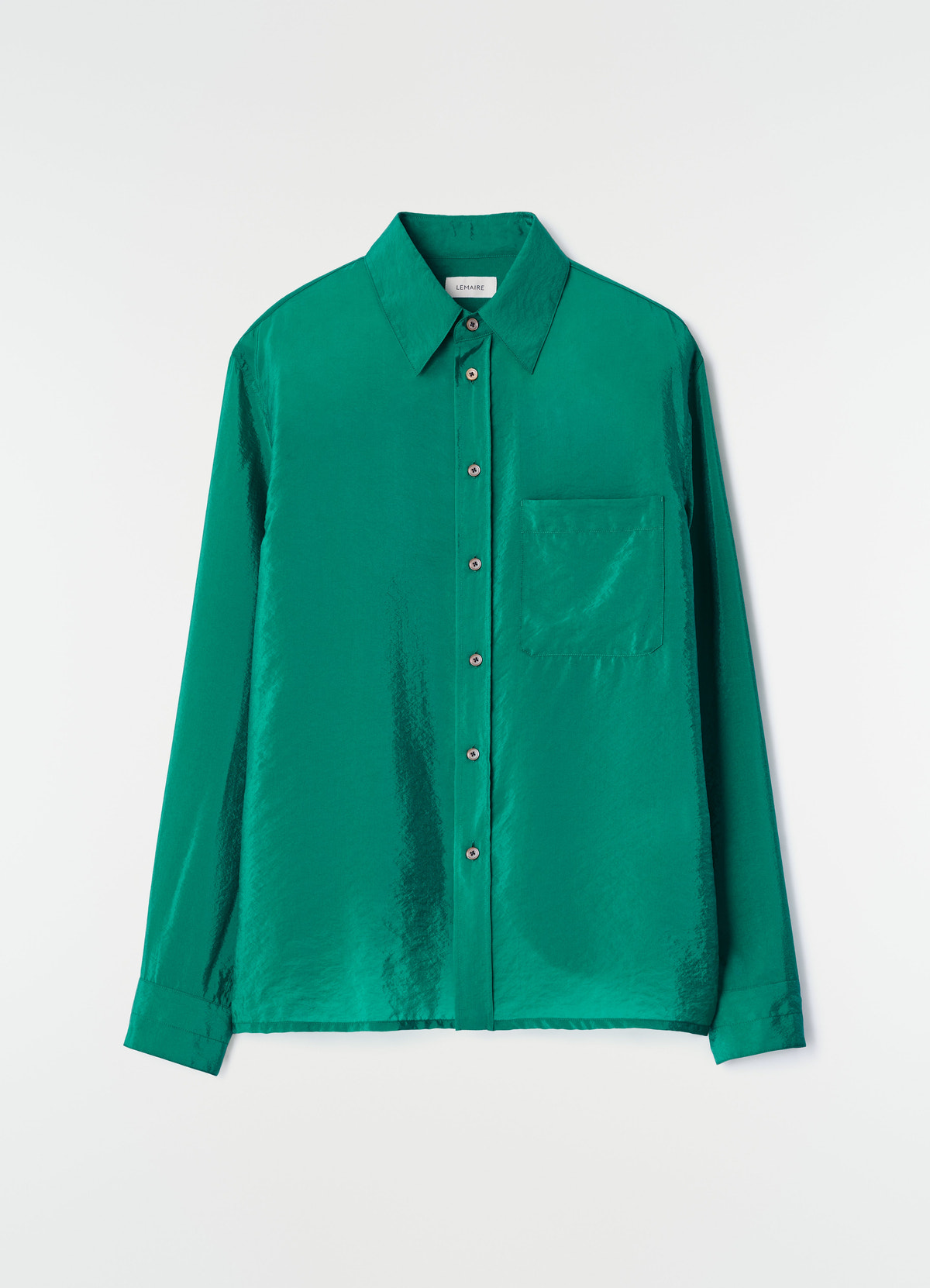 Fitted green shiny cupro shirt with pocket by lemaire front on plain white background