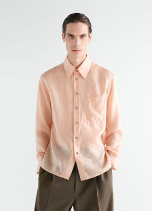 Fitted shiny peach cupro shirt with chest pocket by lemaire worn by model front view