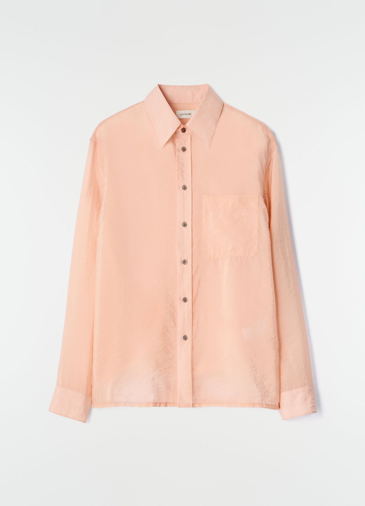 Fitted peach shiny cupro shirt with chest pocket by lemaire on plain white background