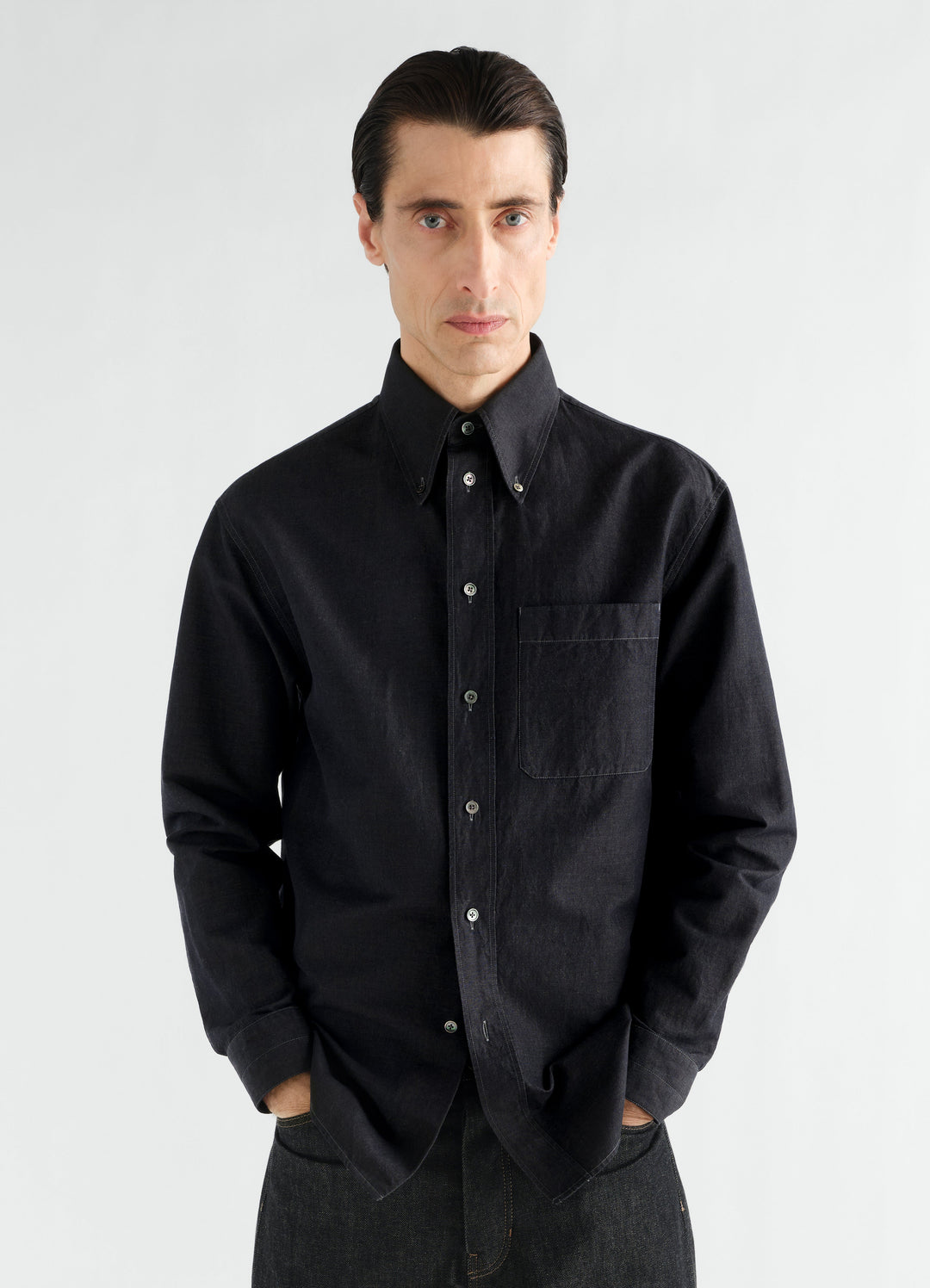 Button-down black linen cotton chambray shirt LEMAIRE worn by model front shot with pocket and collar detail