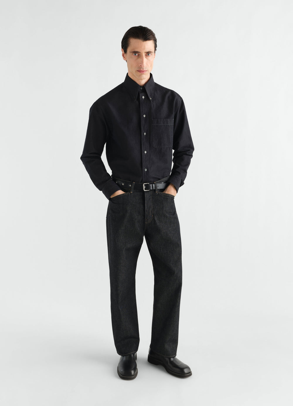 Button-down shirt in black linen cotton chambray worn by model front view LEMAIRE
