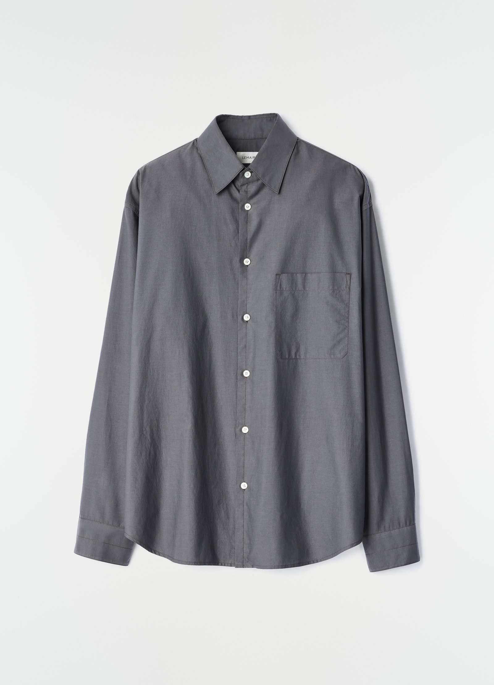 Regular grey cotton silk shirt with button front and chest pocket by lemaire on plain white background