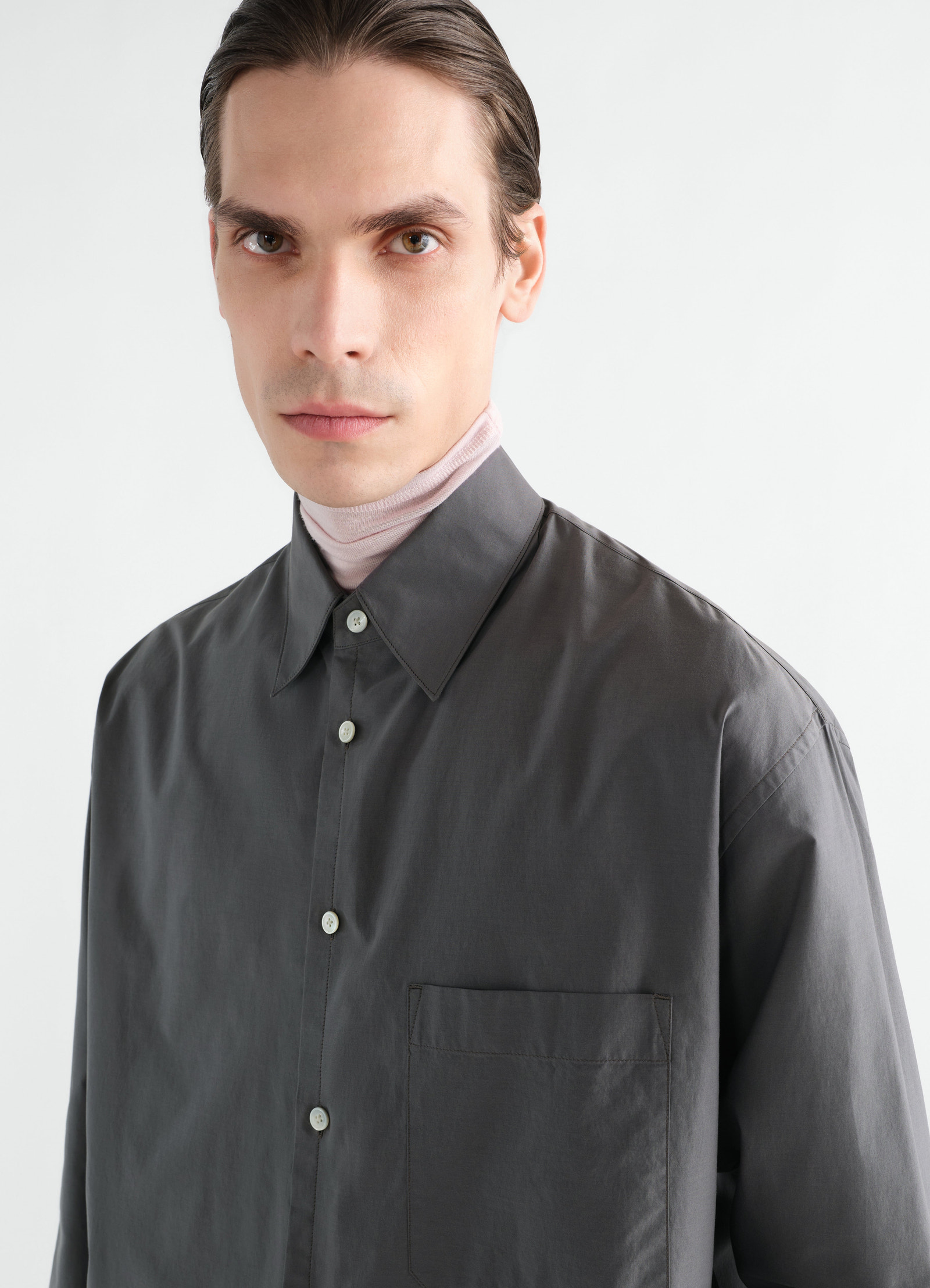 Regular shirt in washed charcoal cotton silk worn by model front view lemaire