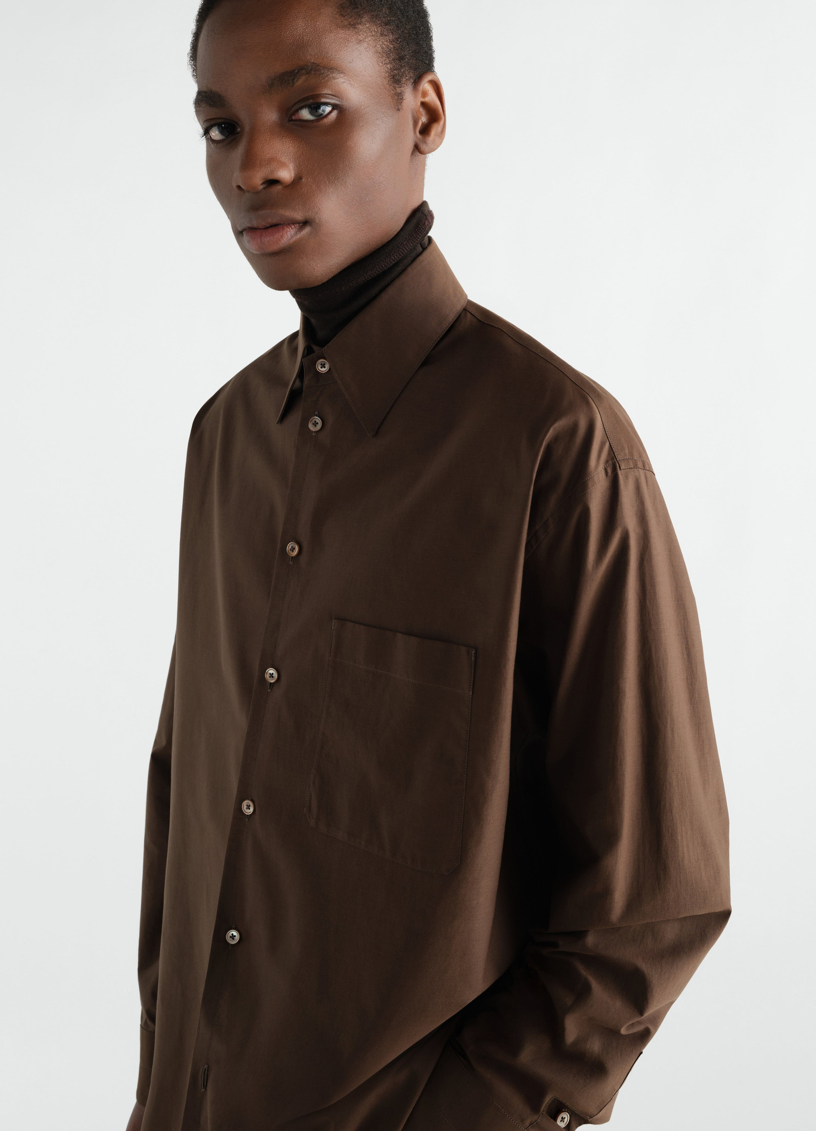 Regular brown washed cotton silk shirt with chest pocket lemaire worn by model front view