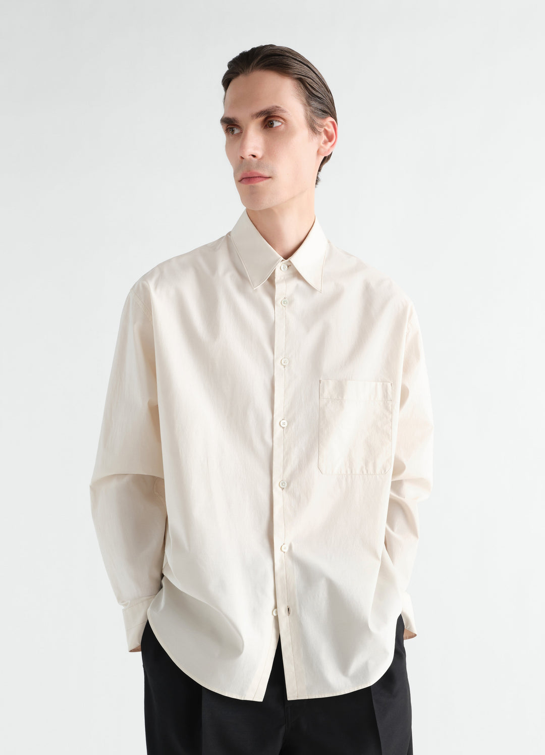 Regular cream washed cotton silk shirt LEMAIRE worn by a model front view with chest pocket