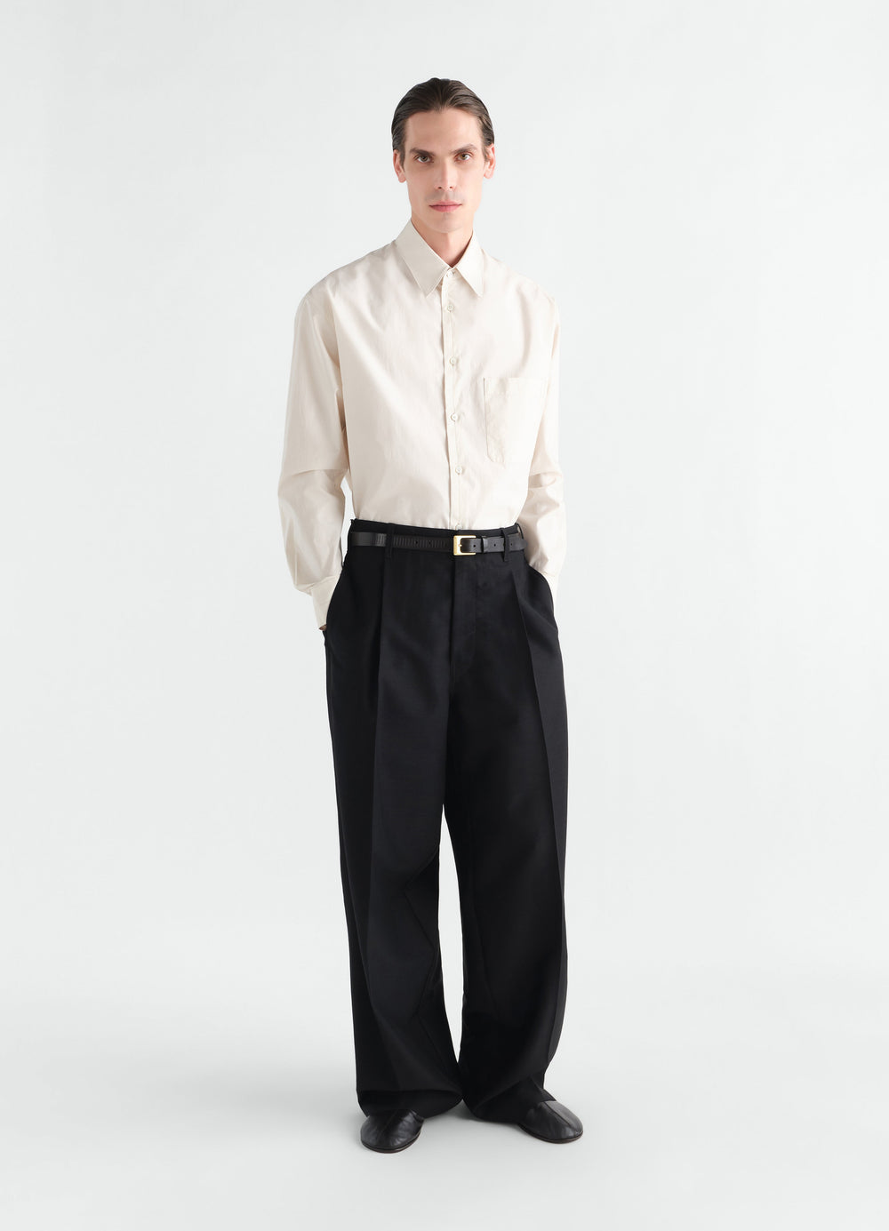 Regular shirt in washed beige cotton silk worn by model front view LEMAIRE