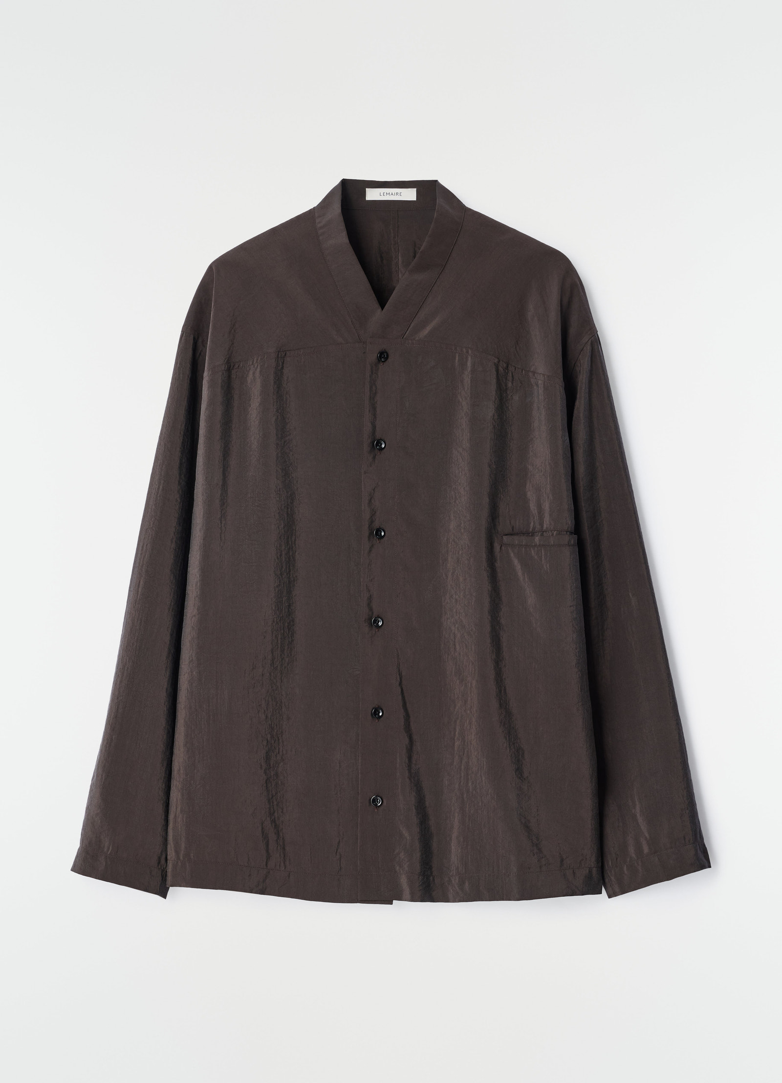 V-neck dry silk shirt in dark brown with buttons and long sleeves by lemaire on plain white background