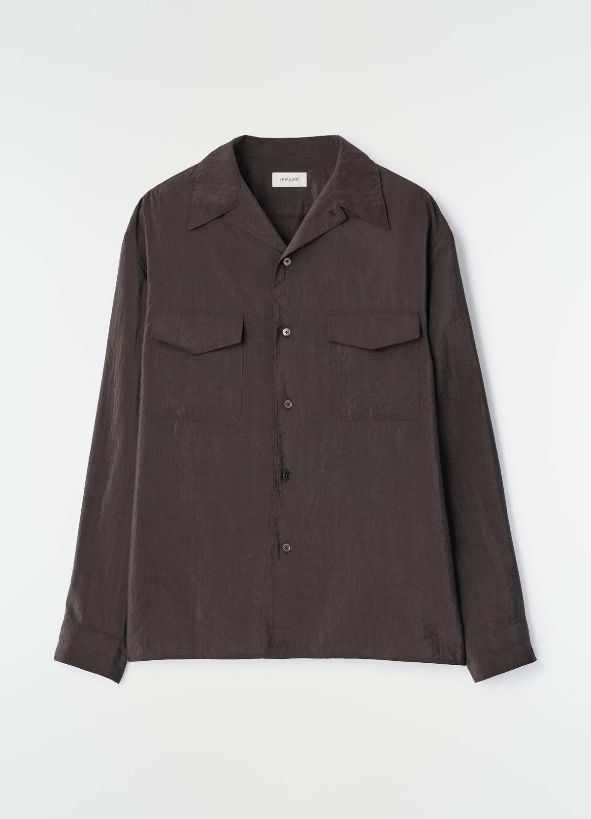 Convertible collar shirt in dark brown dry silk with flap pockets front view lemaire on white background