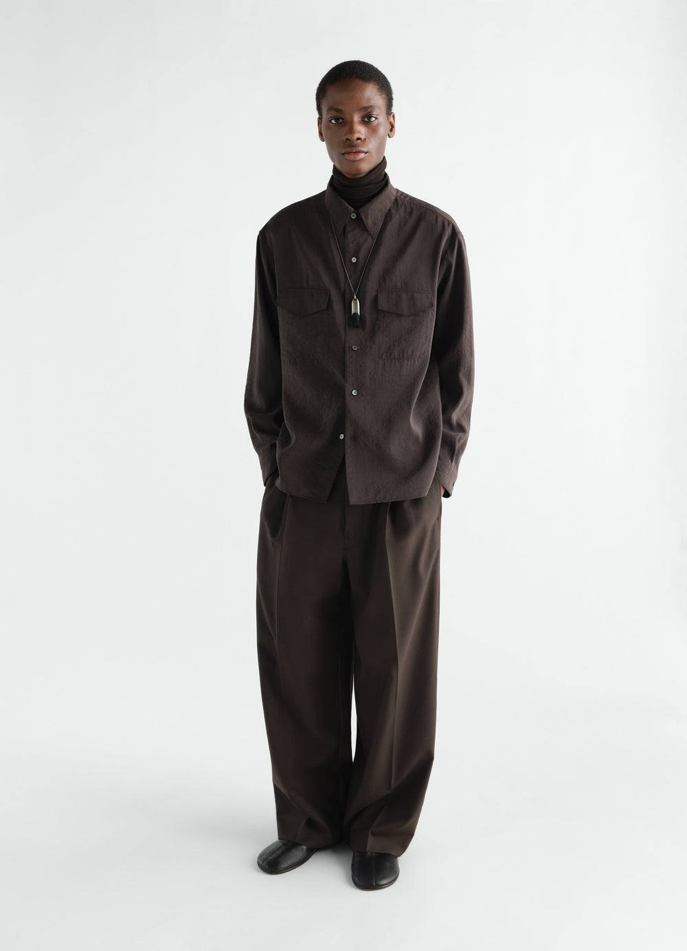 Convertible collar shirt in dark brown dry silk worn by model front view LEMAIRE