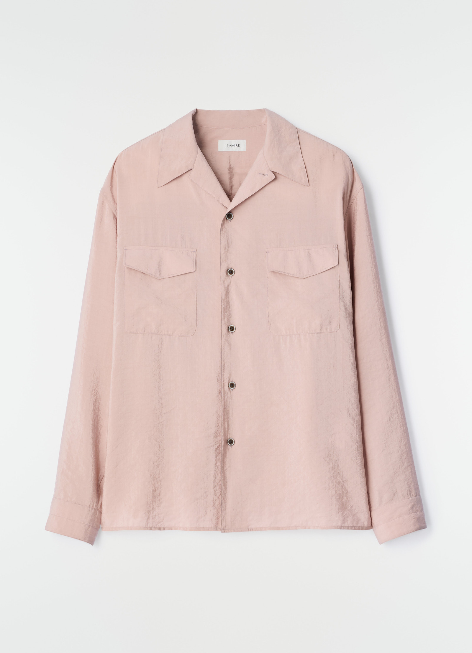 Convertible collar shirt lemaire in dusty pink dry silk front flat lay on white background