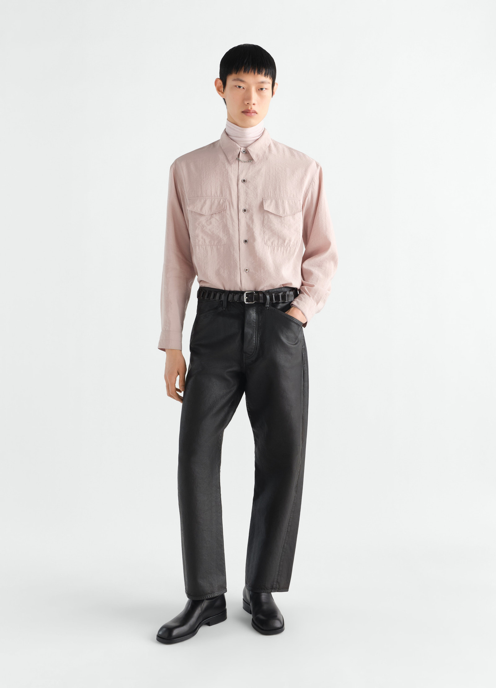 Convertible collar shirt in dry silk pale pink worn by model front view lemaire