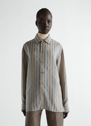 Convertible-collar striped shirt in beige and blue shiny cupro worn by model lemaire front view