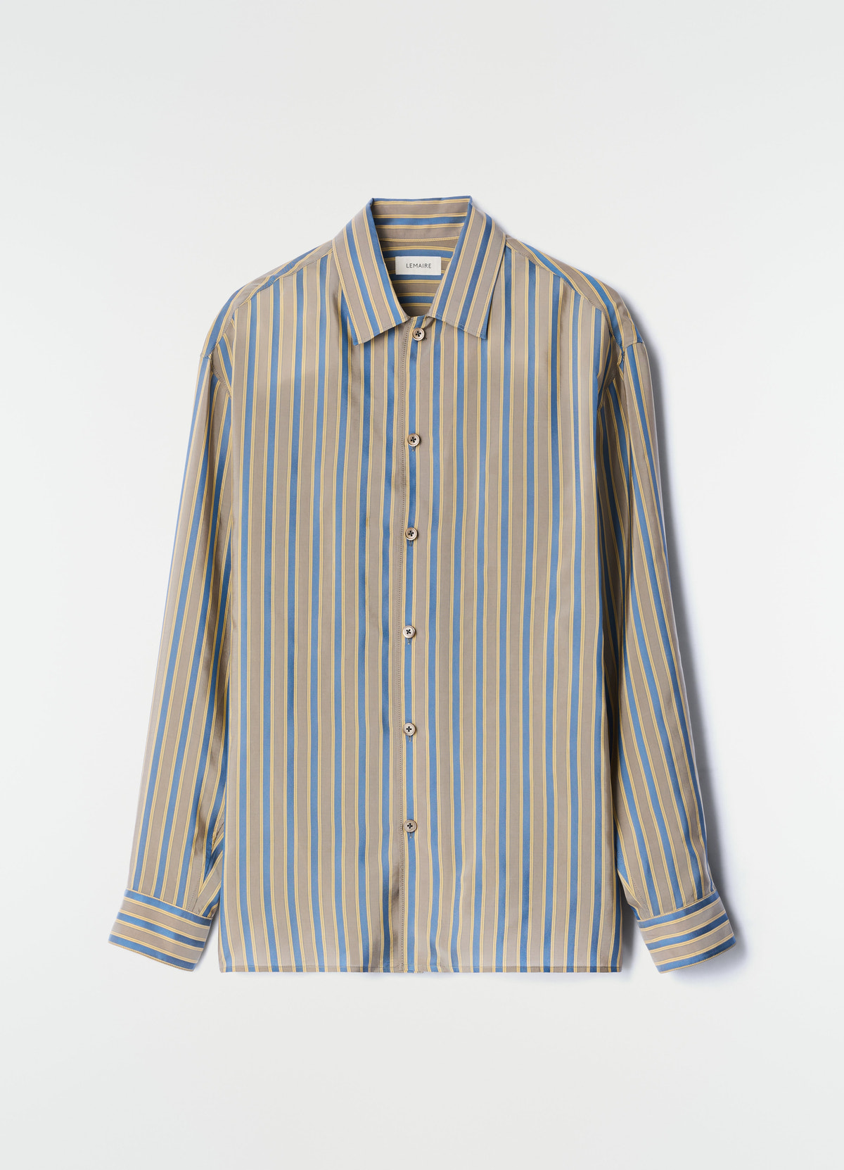 Convertible-collar shirt lemaire in beige and blue striped shiny cupro fabric front flat lay on white background