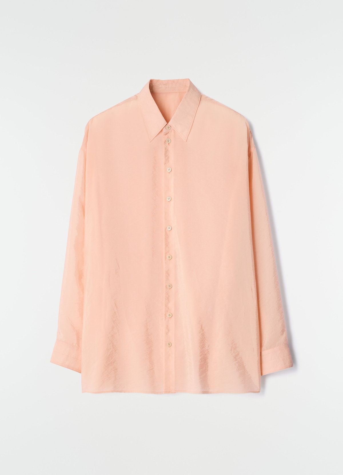 Draped peach shiny cupro shirt by lemaire on plain white background front view with buttons