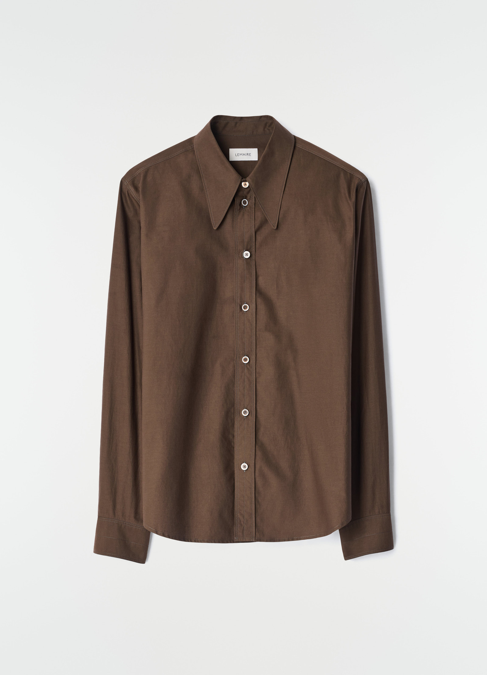 Pointed collar brown cotton silk shirt by lemaire front view on plain white background