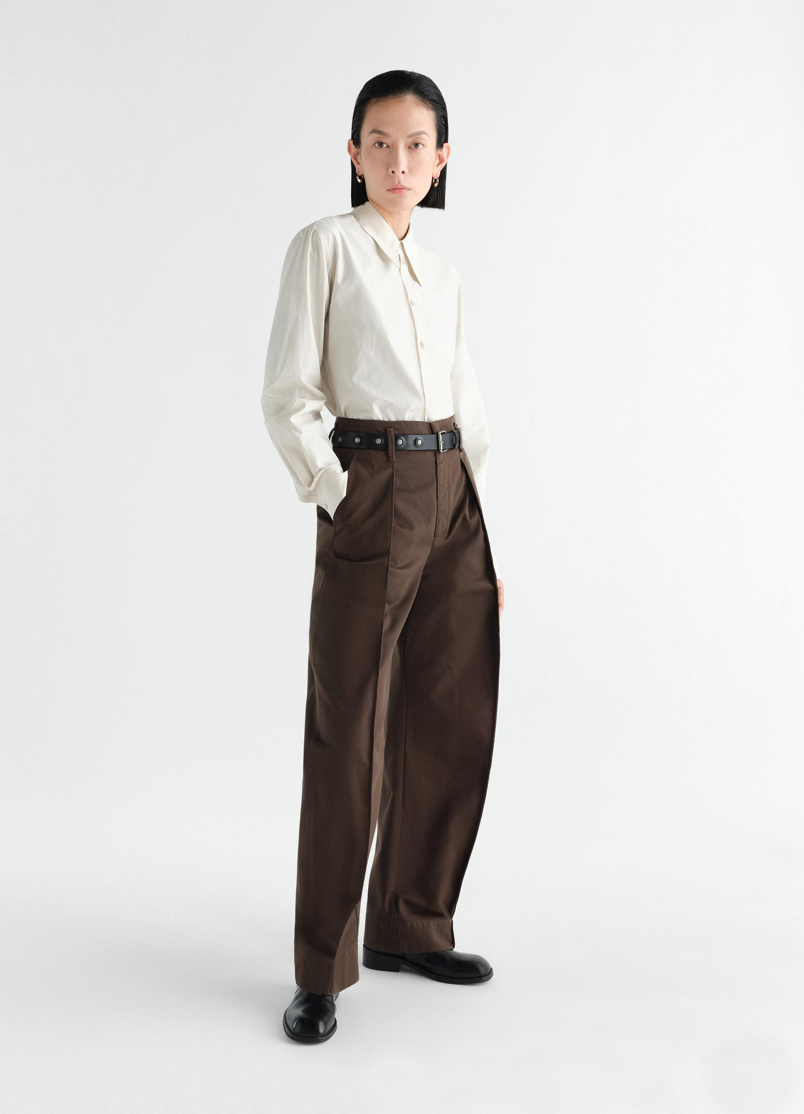 Pointed collar shirt in washed cotton silk cream worn by model front view lemaire