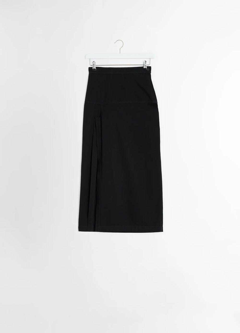 Lemaire Asymmetrical Wrap Skirt in Black Cotton Denim, product shot, hanging view asymmetrical pleated detail