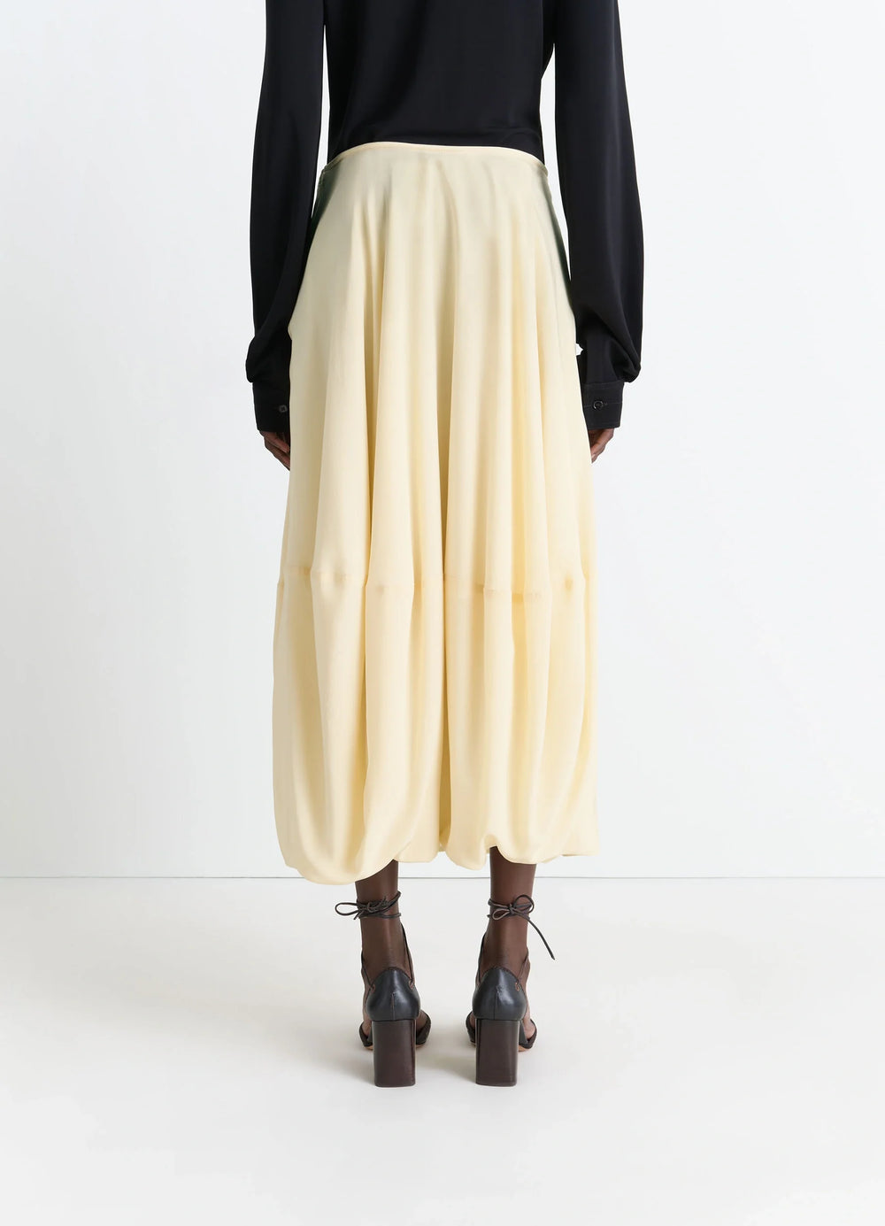 Balloon Skirt in Silk Crepe de Chine, model shot, back view gathered waist detail